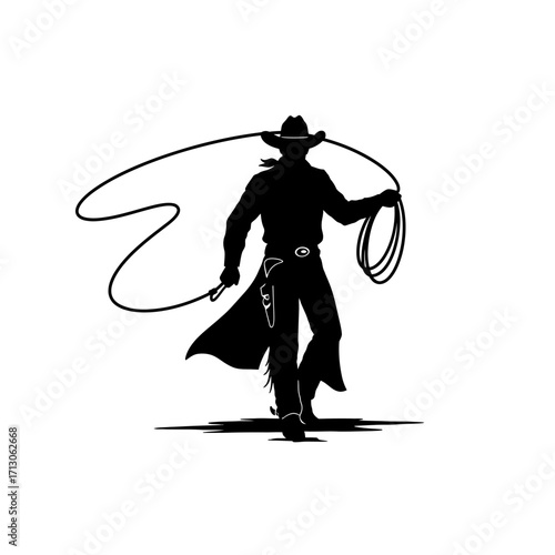 Silhouette of a cowboy in motion with a lasso twirling ready for action isolated on white background Vector Illustration