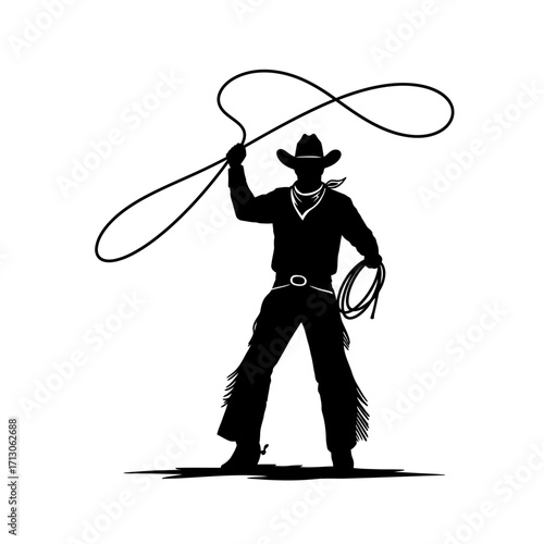 Silhouette of a cowboy with a lasso ready to rope in the wild west spirit isolated on white background Vector Illustration