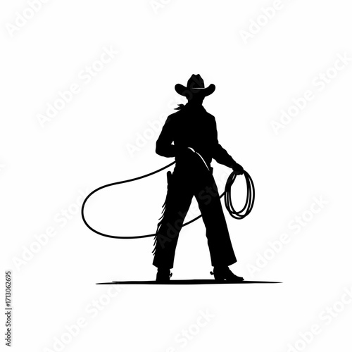 Silhouette of a cowboy holding a lasso ready for action western frontier spirit isolated on white background Vector Illustration