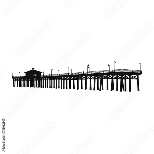 Silhouette of a long wooden pier with buildings at the end stretching across the horizon isolated on white background Vector Illustration