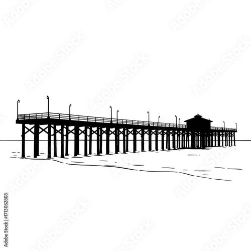Black and white sketch of a wooden pier extending into the water a classic coastal scene isolated on white background Vector Illustration