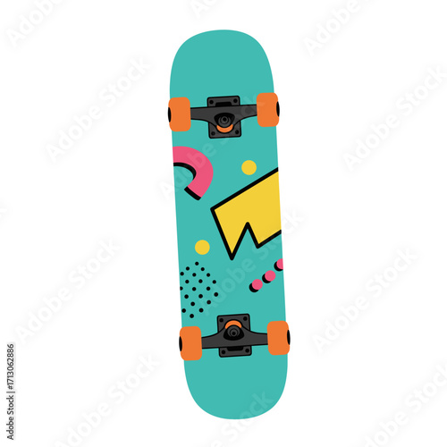 Brightly colored turquoise skateboard with abstract geometric pattern and orange wheels for action sports isolated on white background Vector Illustration