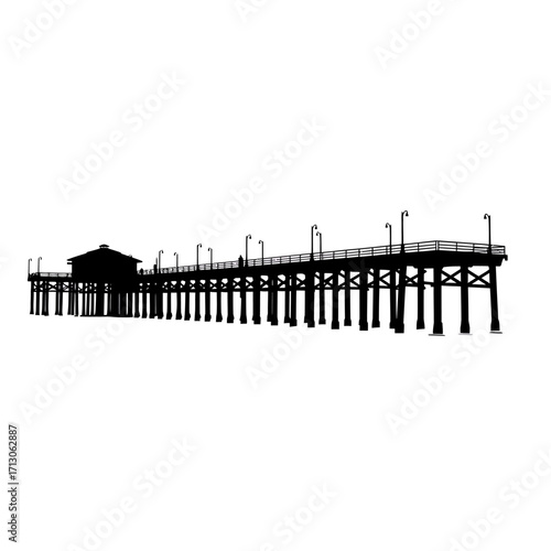 Silhouette of a wooden pier with buildings and lights stretching over water landscape isolated on white background Vector Illustration