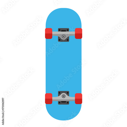 Bright blue skateboard with red wheels for extreme sports and urban skating adventures isolated on white background Vector Illustration