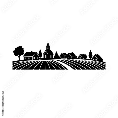 Rural village landscape silhouette with farmland and church silhouette scenic view isolated on white background Vector Illustration