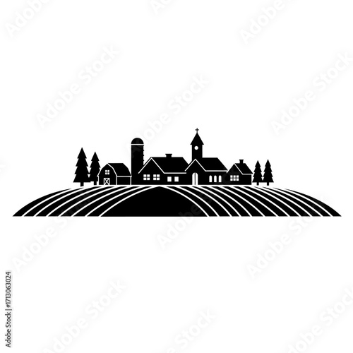 Rural silhouette landscape with farms and trees capturing countryside charm and serenity isolated on white background Vector Illustration