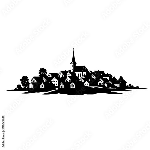 Charming black and white silhouette of a quaint village scene with church spire isolated on white background Vector Illustration