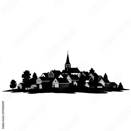 Silhouette of a quaint european village with church steeple and surrounding trees a charming rural landscape scene isolated on white background Vector Illustration