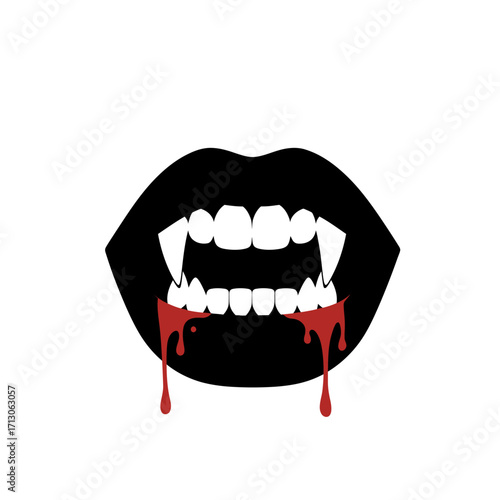 Spooky vampire mouth with bloody fangs and dripping red blood graphic isolated on white background Vector Illustration