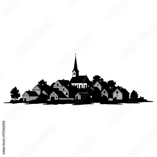Charming village silhouette with church steeple amidst trees and buildings classic rural landscape scene isolated on white background Vector Illustration