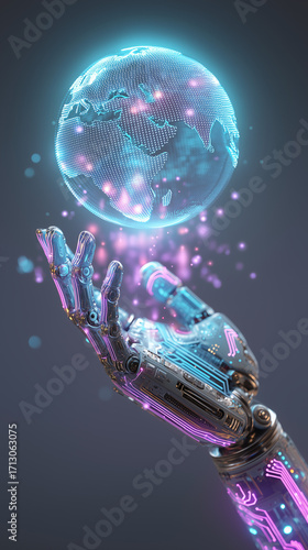 Futuristic robotic hand projecting glowing digital Earth hologram
