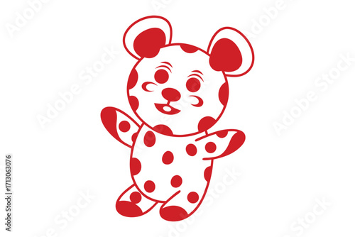 Red polka dotted cartoon bear cheerfully waving on a white background invites playfulness