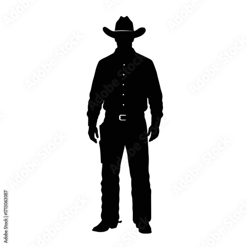 Silhouette of a cowboy standing proudly in traditional western attire ready for adventure isolated on white background Vector Illustration
