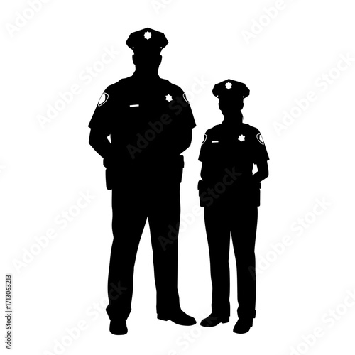 Two silhouetted police officers standing side by side symbolizing law enforcement and safety professionalism isolated on white background Vector Illustration