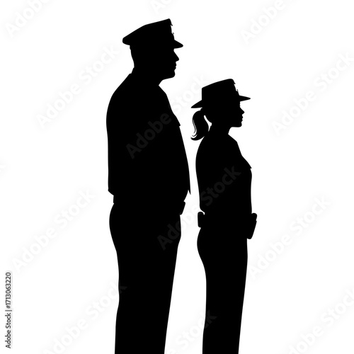 Silhouettes of two police officers standing together awaiting orders in uniform isolated on white background Vector Illustration