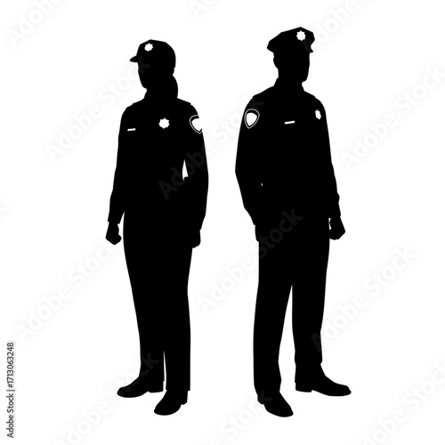Silhouettes of two security guards standing ready professionally representing safety and authority isolated on white background Vector Illustration
