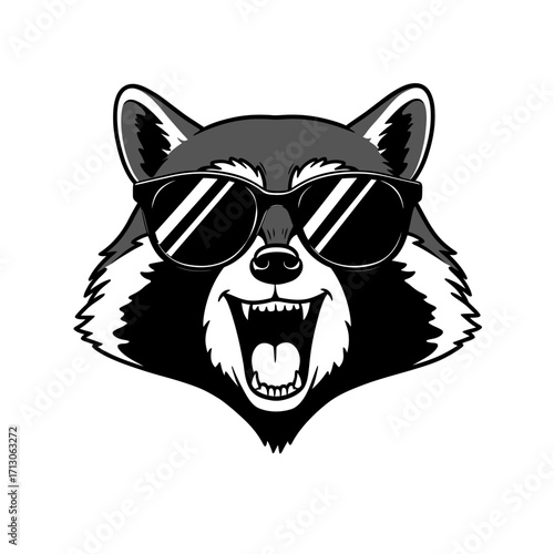 Cool raccoon wearing sunglasses grinning with open mouth expressing joy and confidence isolated on white background Vector Illustration