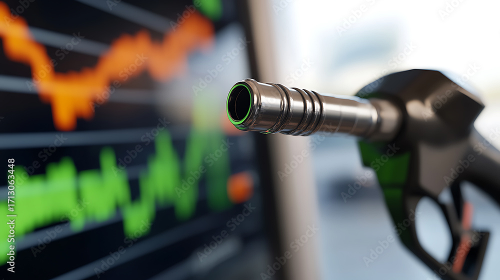 Fototapeta premium Fueling Trends: A gas pump nozzle foregrounded against a fluctuating economic graph, symbolizing the volatile energy market landscape and consumer costs.