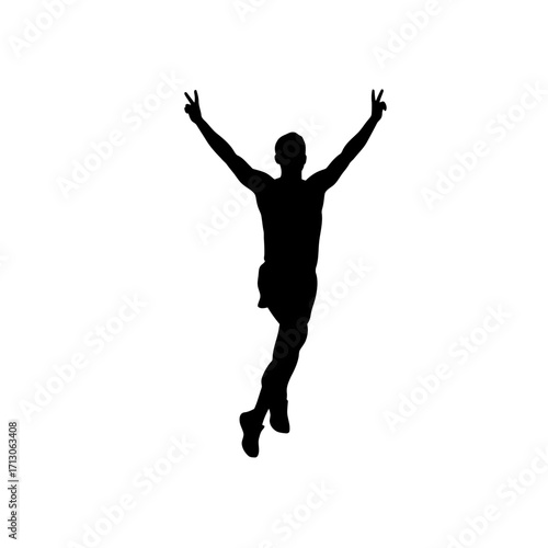 Silhouette of a jubilant person with arms raised in victory and peace signs isolated on white background Vector Illustration