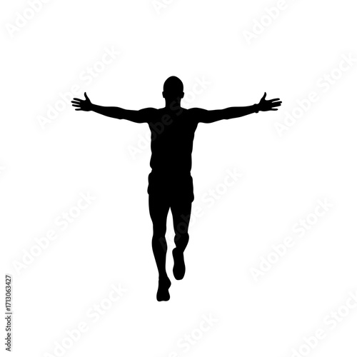 Silhouette of a triumphant runner with arms outstretched celebrating victory in a race event isolated on white background Vector Illustration