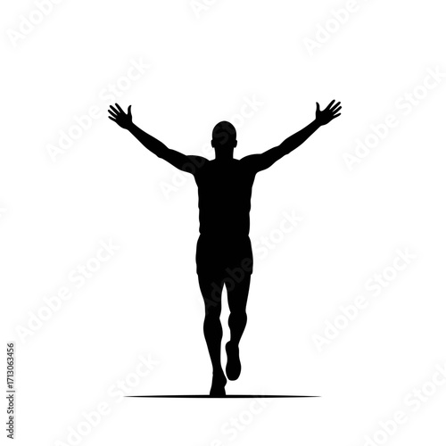 Silhouette of a triumphant runner raising arms in victory crossing the finish line in a race isolated on white background Vector Illustration