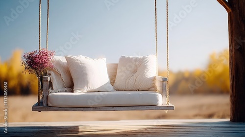 Wooden porch swing hanging from a wooden pergola. the swing is made of white wood and has two white cushions on it. there is a small vase with pink flowers on the left side of the swing.
