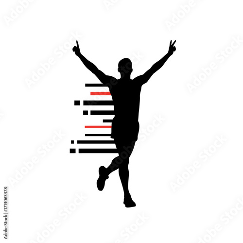 Silhouette of a runner celebrating victory with arms raised and colorful lines signifying progress and achievement isolated on white background Vector Illustration