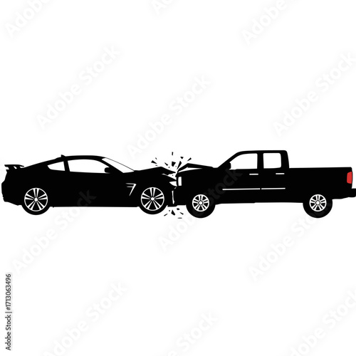 Car truck collision scene silhouette depicting serious accident impact and damage isolated on white background Vector Illustration