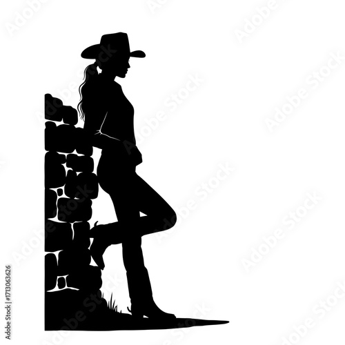 Silhouette of a cowgirl leaning on a textured brick wall wearing a cowboy hat and boots isolated on white background Vector Illustration