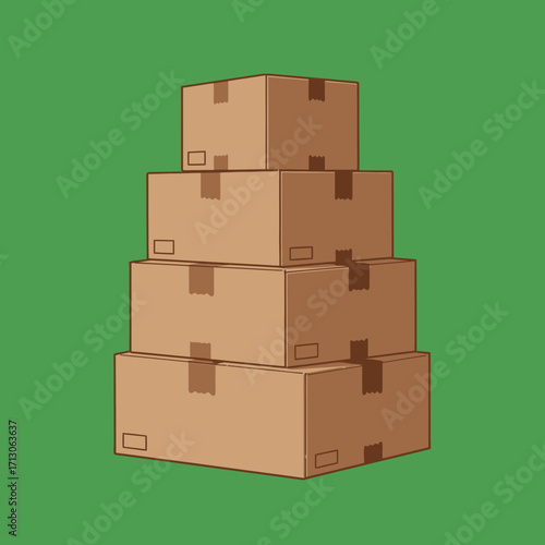 Stack of four cardboard shipping boxes ready for delivery or storage isolated on white background Vector Illustration