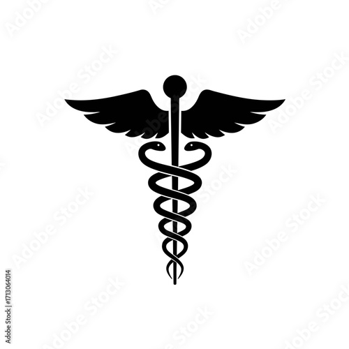 Caduceus medical symbol silhouette black winged staff with serpent icon represents healthcare and medicine isolated on white background Vector Illustration