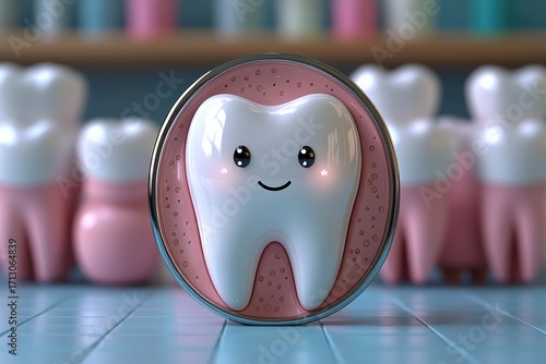 Healthy tooth illustration with smiling character and colorful background in dental setting