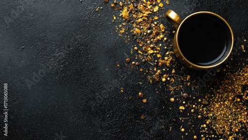Fototapeta Naklejka Na Ścianę i Meble -  Golden mug of dark drink amidst scattered herbs and spices on black background