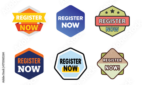 Collection of six colorful and modern hexagon and shield shaped buttons with the text register now in various fonts and styles for online applications and promotions