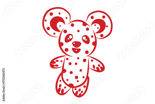 Red polka dotted teddy bear happily stands on its feet, ready for play