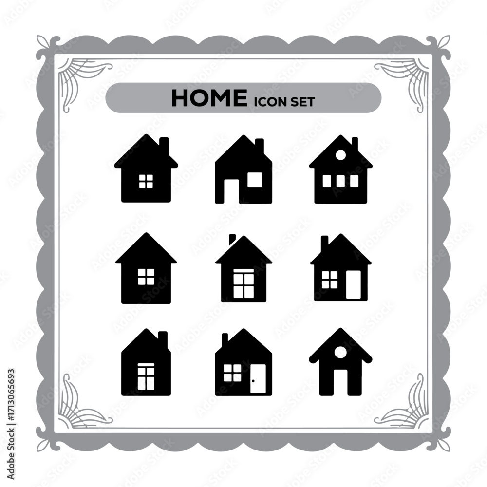 Fototapeta premium Home Icon Set in Decorative Frame Illustrating Real Estate and Property Concepts