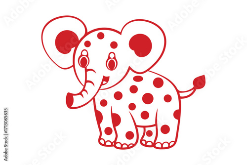 Red polkadotted elephant stands cheerfully isolated on a plain white background