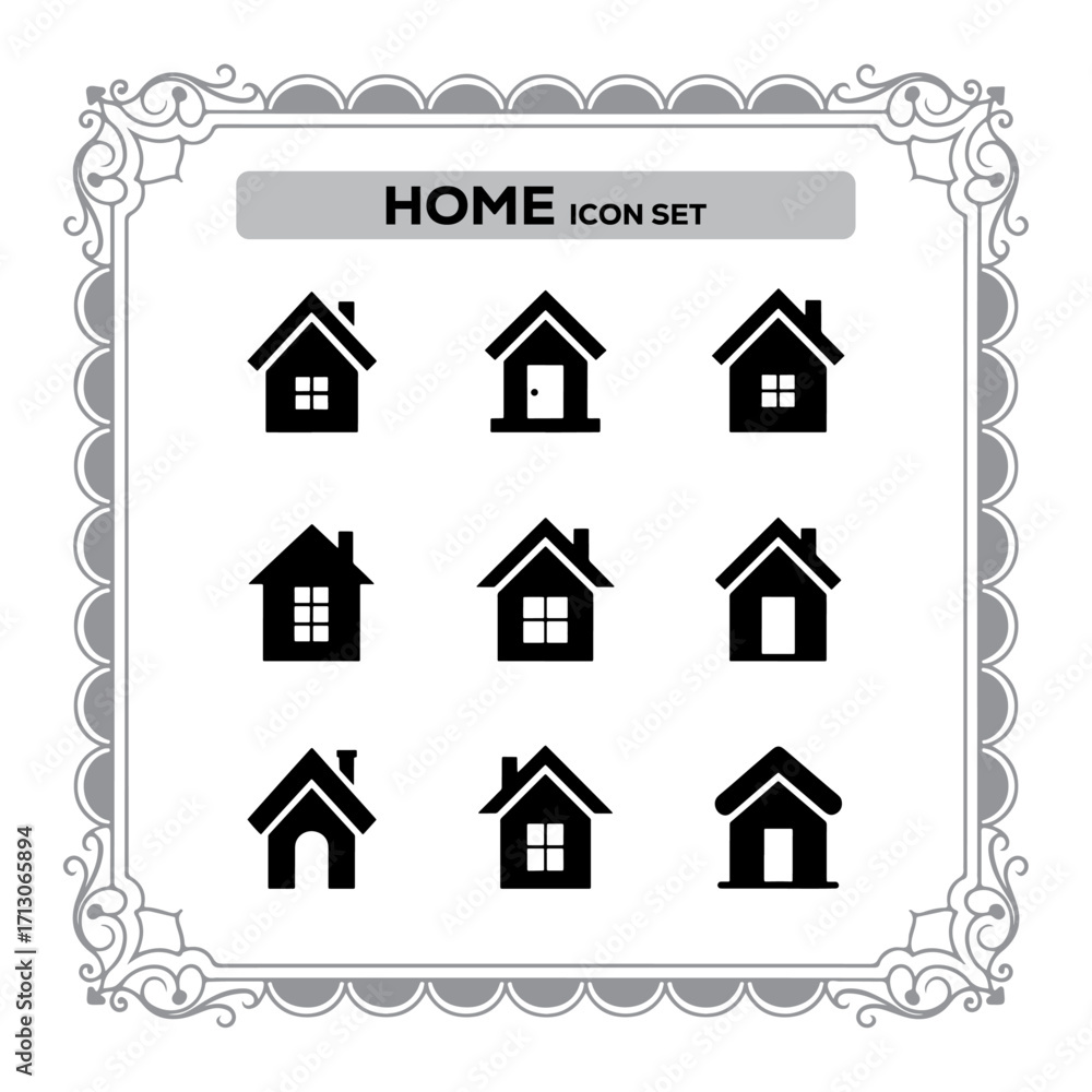 Fototapeta premium Home Icon Set in Decorative Frame Illustrating Real Estate and Property Concepts