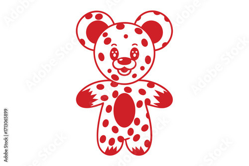 Red spotted cartoon bear smiles with a cute facial expression on the white background