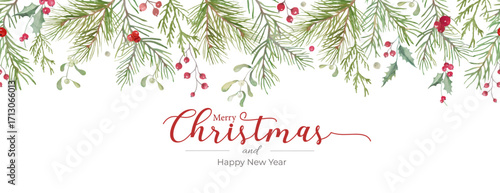 Christmas Watercolor Floral Seamless Border – Hand-Drawn Illustration. Vector EPS.