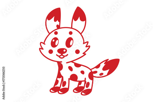 Red spotted cartoon dog stands happily on white background with upright ears and cheerful expression