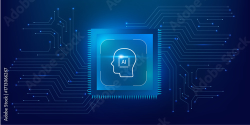 Artificial Intelligence Microchip with Abstract Circuit Board on Futuristic Blue Technology Background, Glowing Semiconductor Processor with AI Icon in Digital Vector Illustration