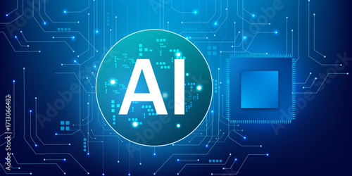 Artificial Intelligence Processor with Glowing Blue Neon Circle with blue circuit background