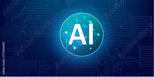 Artificial Intelligence Processor with Glowing Blue Neon Circle with blue circuit background