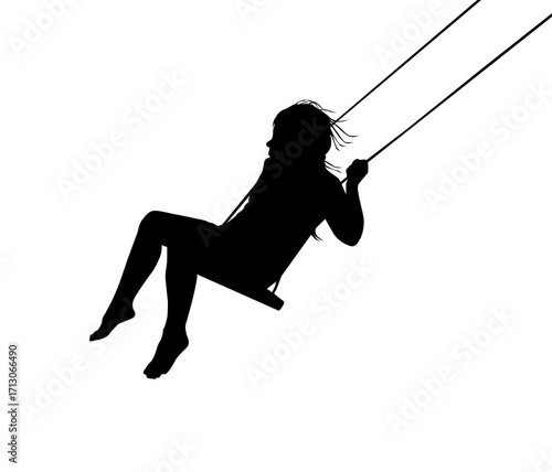Silhouette of a girl riding a swing. vector illustration. hand drawn. Not AI.