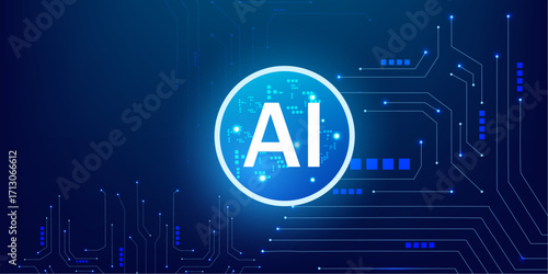 Innovation Concept of AI Processor with Lightning Neon Circle Portal and Abstract HUD blue Circuit background