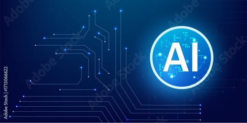 Innovation Concept of AI Processor with Lightning Neon Circle Portal and Abstract HUD blue Circuit background