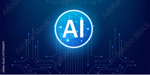 AI Abstract Quantum Technology Chip with Neon Blue Lightning Portal and Futuristic HUD Circuit Design