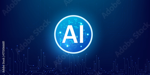 AI Abstract Quantum Technology Chip with Neon Blue Lightning Portal and Futuristic HUD Circuit Design