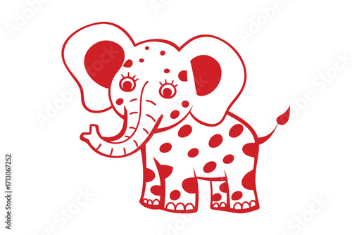 Red spotted elephant with big eyelashes stands isolated on a white backdrop perfectly